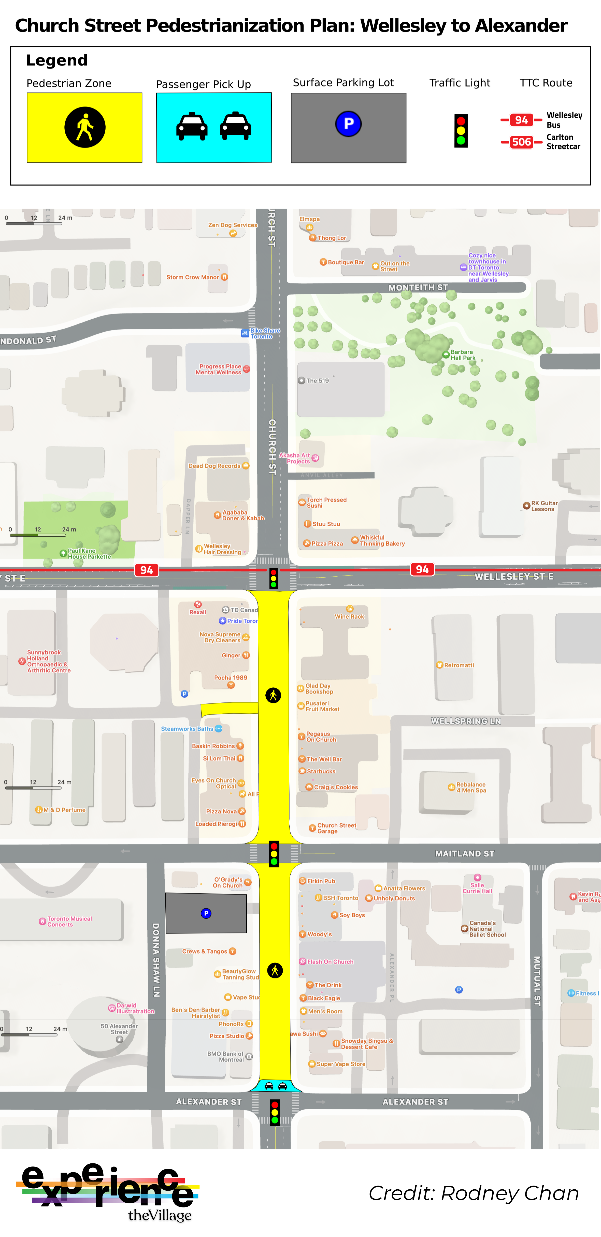 A map shows Church Street from Dundonald Street to Alexander Street with highlighted pedestrian zones, passenger pick-up spots, parking lots, traffic lights, and TTC routes.